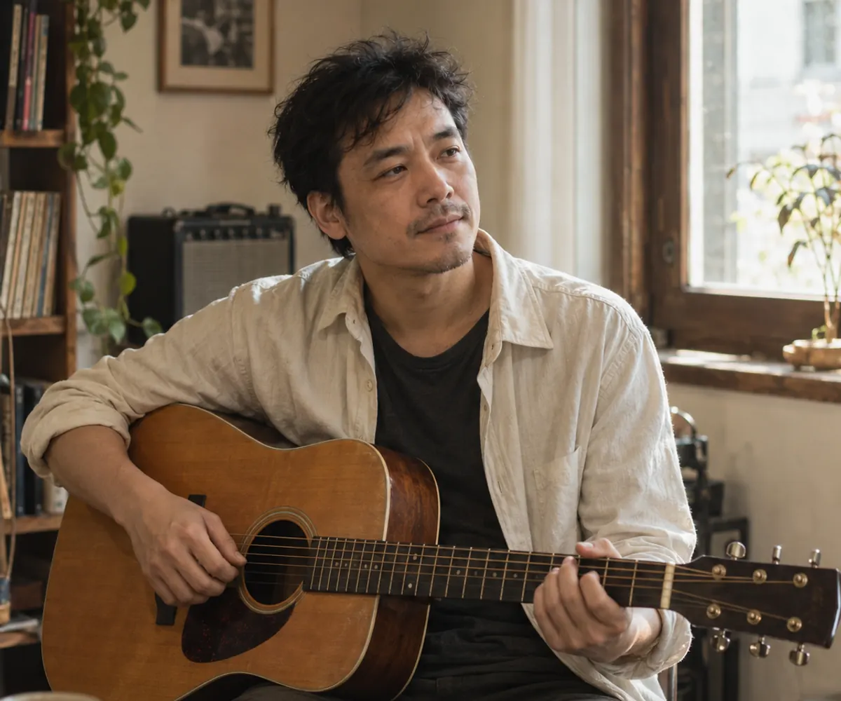 Minh họa bằng AI: nam nghệ sĩ Việt Nam với guitar acoustic trong phòng tập có ánh sáng tự nhiên.